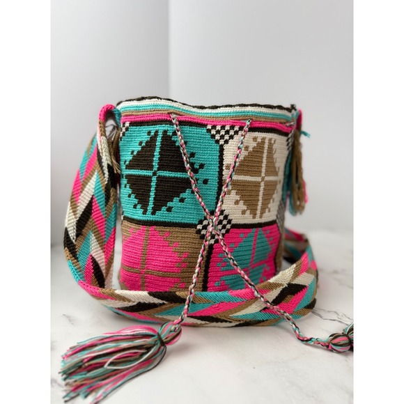 Wayuu Tribe Handbags - Wayuu Mochila Handmade Crochet Bag Pink Teak Geometric Design Boho